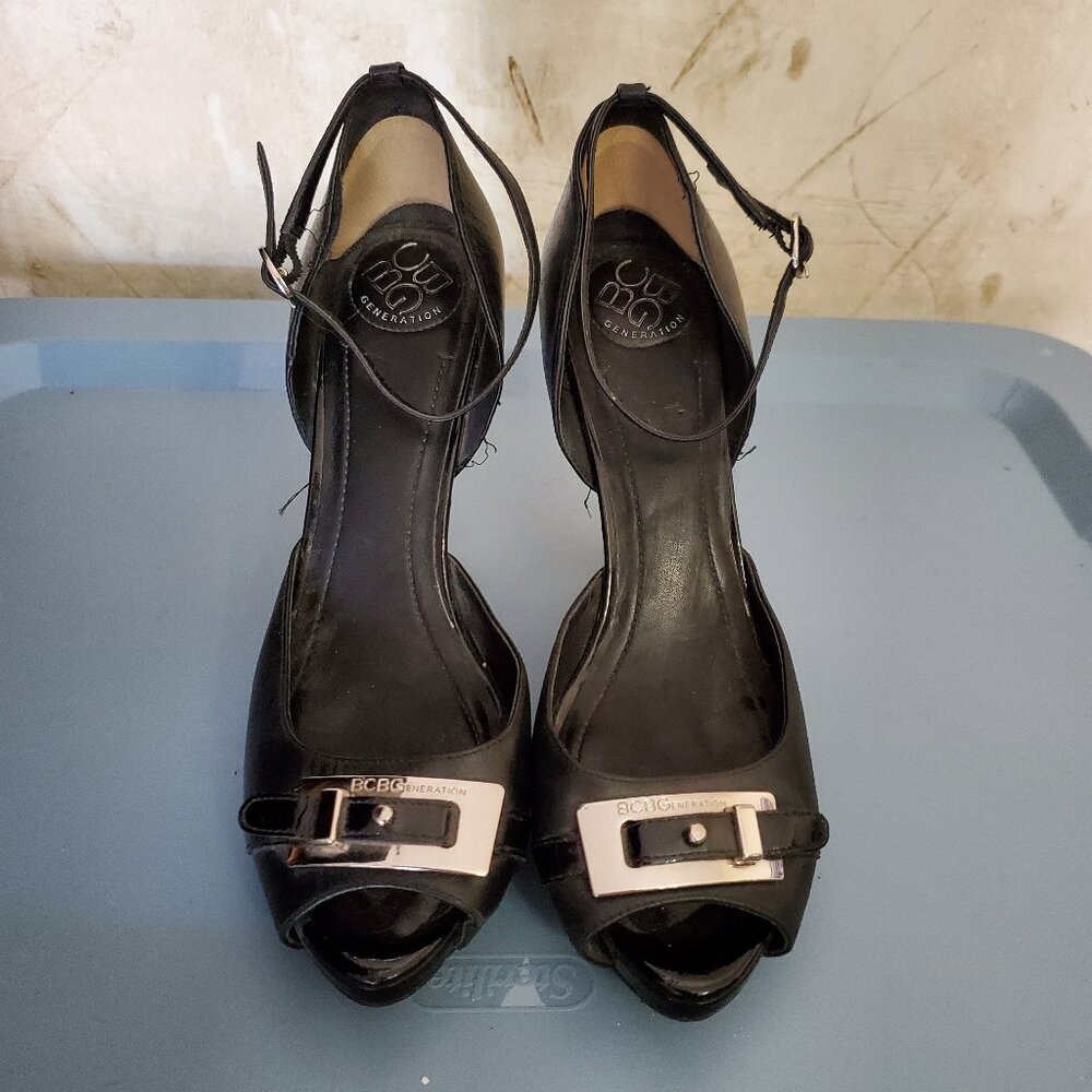 BCBGeneration Black Leather Buckle Strappy Heels